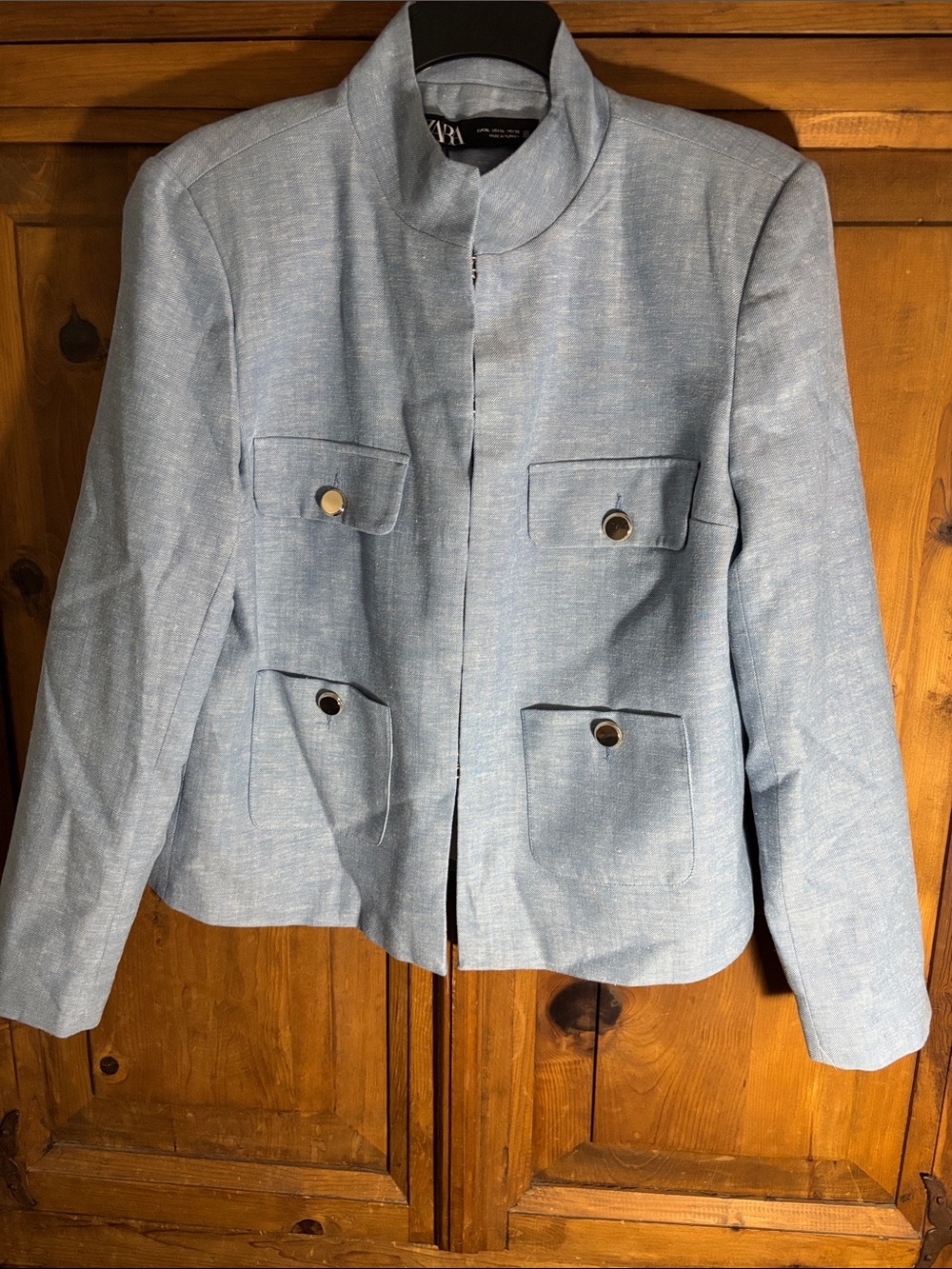 Zara Pale Blue Stand-Collar Pocket Blazer